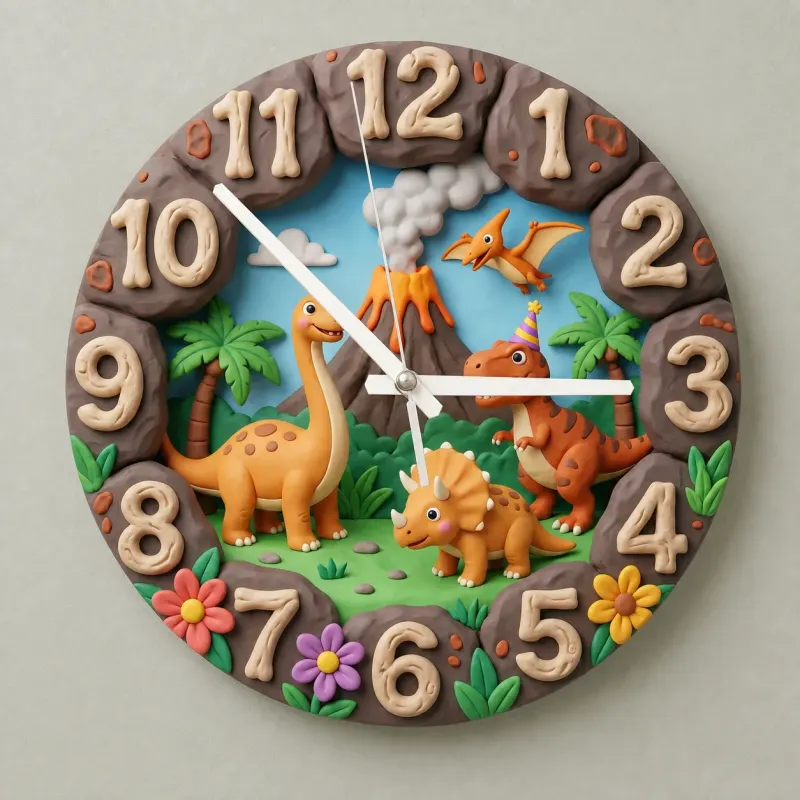 Dinosaur Volcano Kids Room Wall Clock | Prehistoric Jungle Nursery Decor, Little Boy Bedroom Birthday Gift Keepsake (13.6 inch / 34.5 cm)
