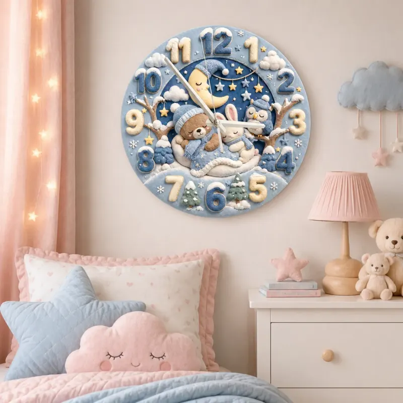 Sleepy Winter Bear & Bunny Kids Room Wall Clock | Blue Night Sky Nursery Decor, Sweet Baby Boy Shower Gift Keepsake (13.6 inch / 34.5 cm)