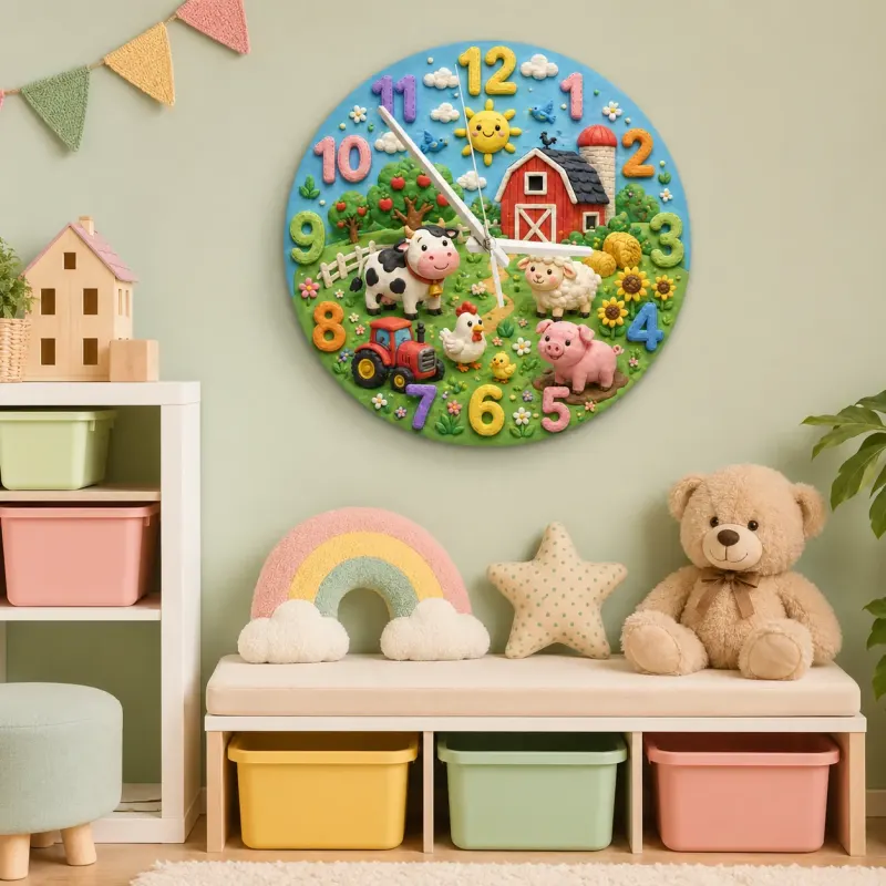 Farm Animals Barnyard Kids Room Wall Clock | Red Tractor Nursery Decor, Baby Boy Shower Gift & Playroom Keepsake Art (13.6 inch / 34.5 cm)