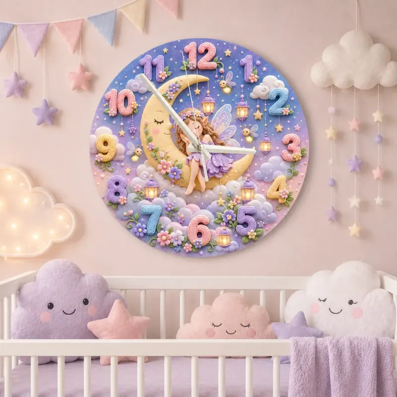 Sleeping Fairy Moon Kids Room Wall Clock | Magical Pastel Cloud Nursery Decor, Baby Girl Room Birthday Keepsake Gift (13.6 inch / 34.5 cm)