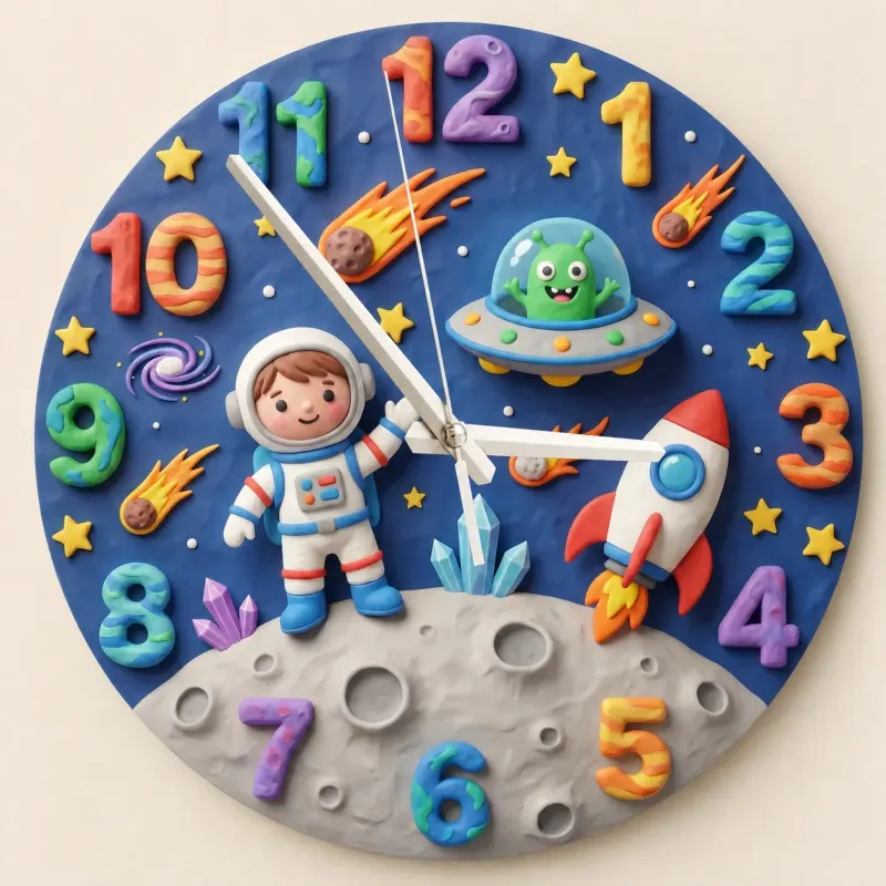 Astronaut and Alien Outer Space Kids Room Wall Clock | Galaxy Nursery Decor, Little Boys Bedroom Birthday Keepsake (13.6 inch / 34.5 cm)