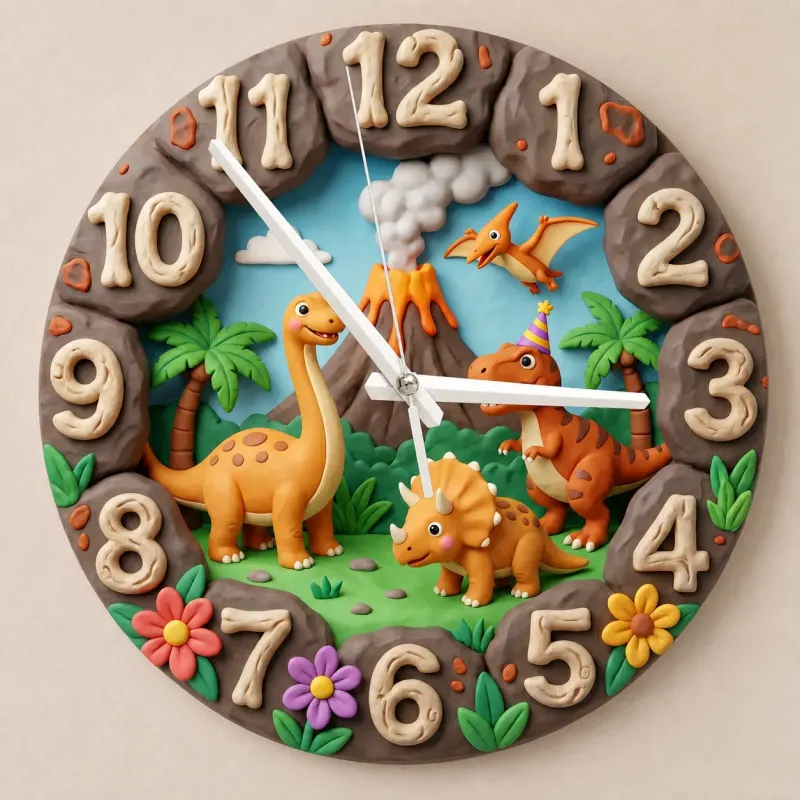 Dinosaur Volcano Kids Room Wall Clock | Prehistoric Jungle Nursery Decor, Little Boy Bedroom Birthday Gift Keepsake (13.6 inch / 34.5 cm)