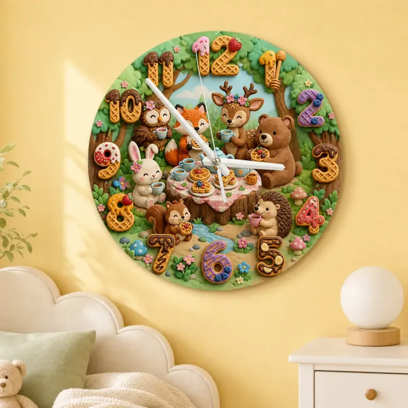 Woodland Animal Tea Party Kids Room Wall Clock | Forest Nursery Decor, Baby Shower Birthday Gift Keepsake (13.6 inch / 34.5 cm)
