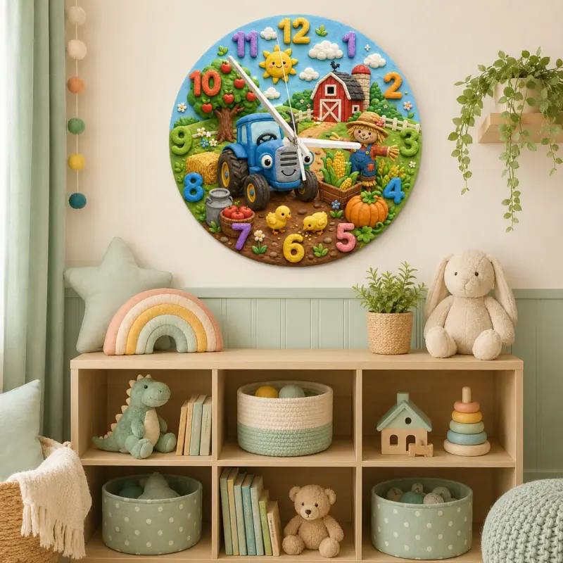 Blue Tractor Farm Kids Room Wall Clock | Barnyard Scarecrow Nursery Art Decor, Little Boy Birthday Baby Shower Gift (13.6 inch / 34.5 cm)