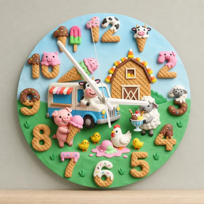 Sweet Ice Cream Farm Animals Kids Room Wall Clock | Playful Nursery Decor, Whimsical Baby Shower Birthday Gift Idea (13.6 inch / 34.5 cm)