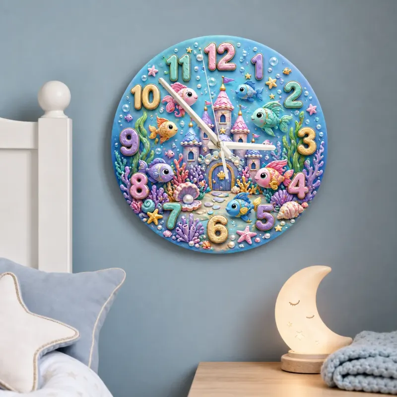 Magical Underwater Castle Kids Room Wall Clock | Pastel Ocean Fish Nursery Decor, Little Girl Bedroom Birthday Gift (13.6 inch / 34.5 cm)