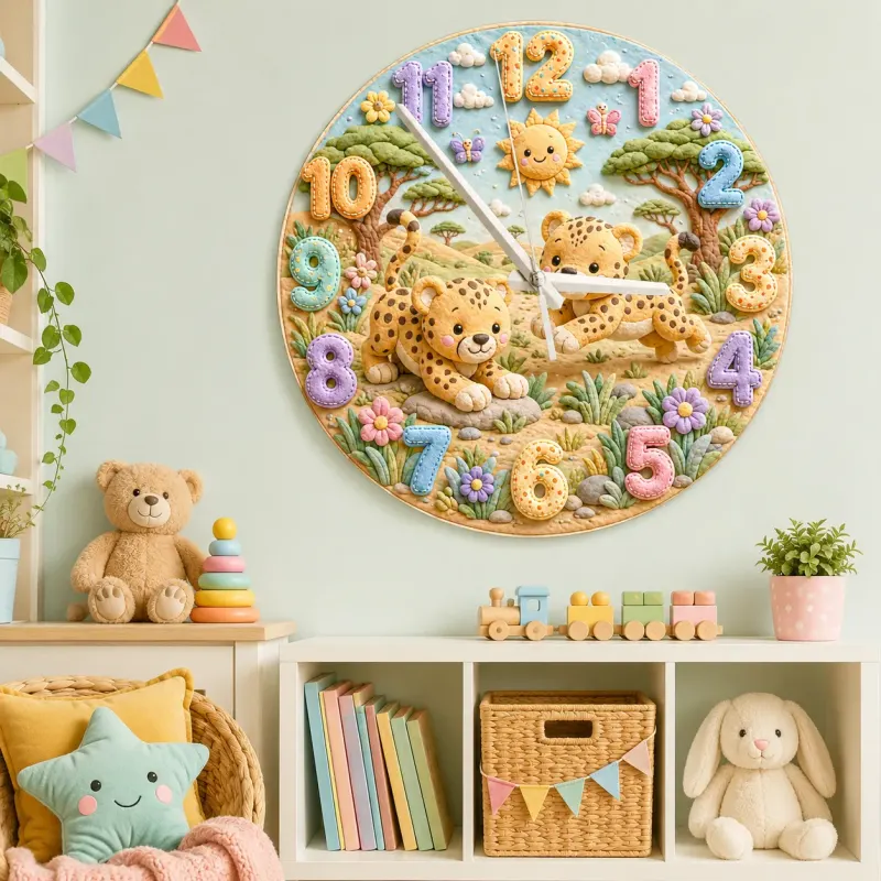 Playful Safari Cheetahs Kids Room Wall Clock | Jungle Animal Nursery Decor, Birthday Keepsake Gift For Boys & Girls (13.6 inch / 34.5 cm)