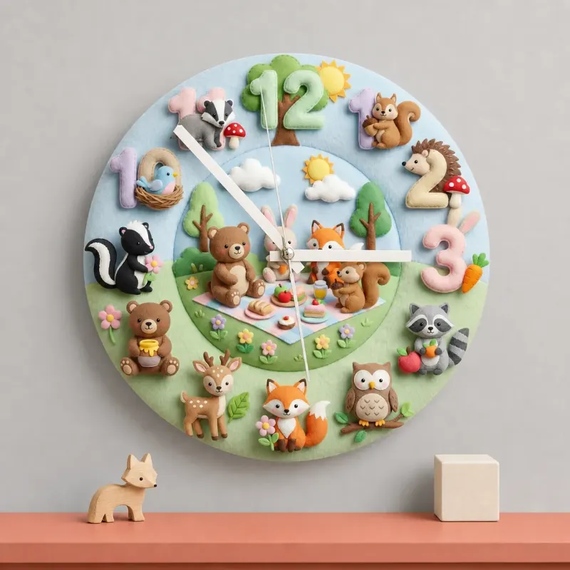 Woodland Animal Picnic Kids Room Wall Clock | Faux Felt Forest Nursery Decor, Baby Shower Gift For Baby Boys & Girls (13.6 inch / 34.5 cm)