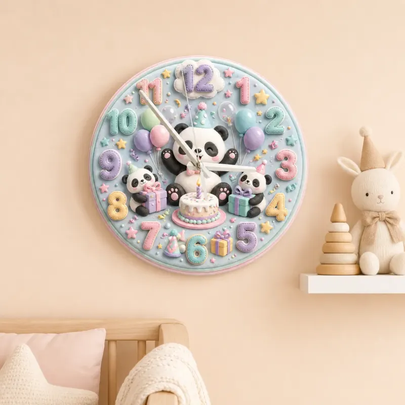 Pastel Birthday Panda Kids Room Wall Clock | Whimsical Animal Nursery Decor, Sweet Baby Shower Gift For Girls & Boys (13.6 inch / 34.5 cm)