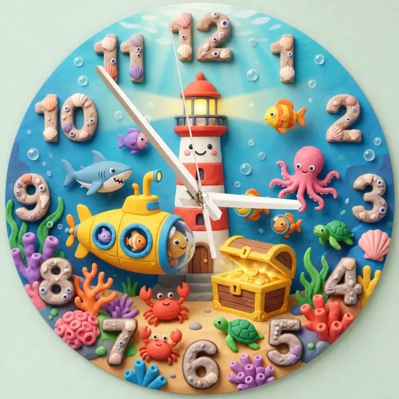 Under the Sea Ocean Animals Kids Room Wall Clock | Nautical Nursery Decor, Boys Playroom Decor, Baby Boy Shower Gift (13.6 inch / 34.5 cm)