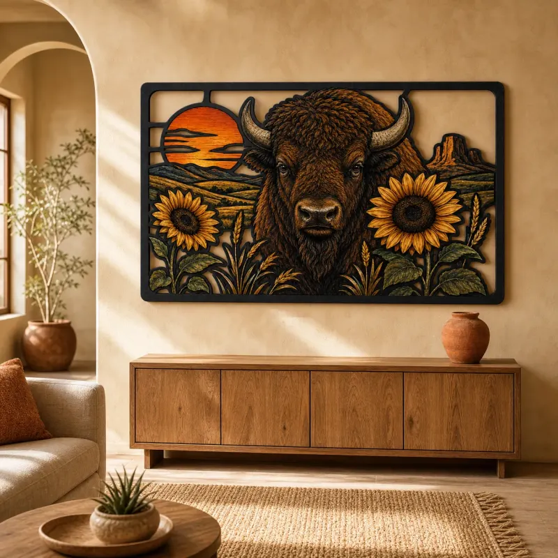 Bison with Sunflowers in Western Landscape Colorful Metal Wall Art
