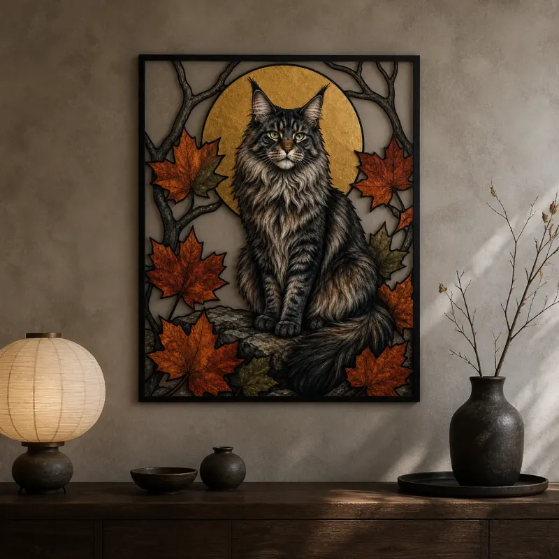 Maine Coon Cat with Autumn Leaves and Moon Colorful Metal Wall Art