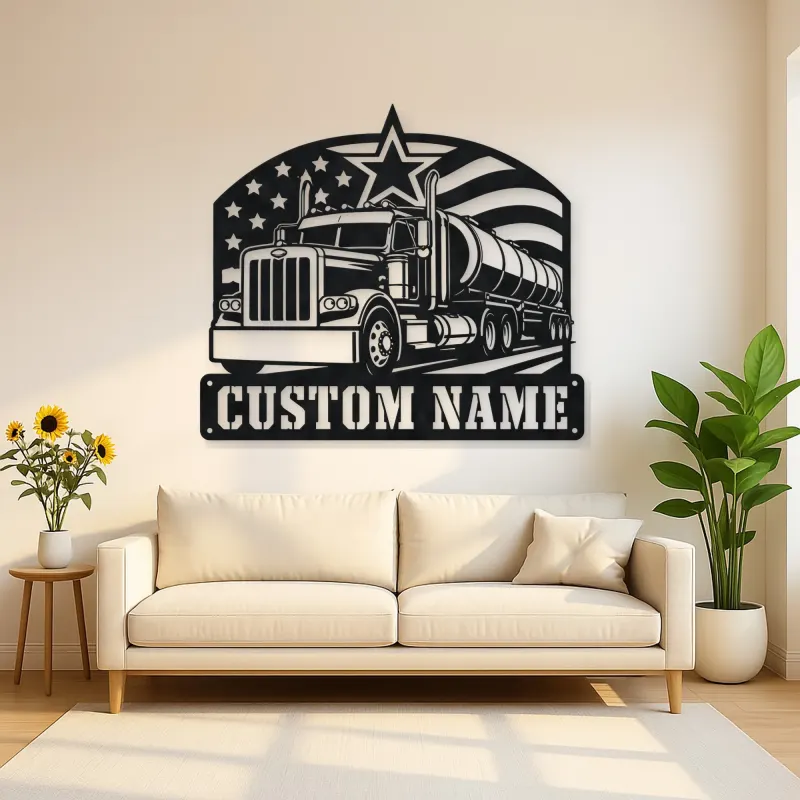 Personalized Tanker Semi Truck American Flag Metal Wall Art