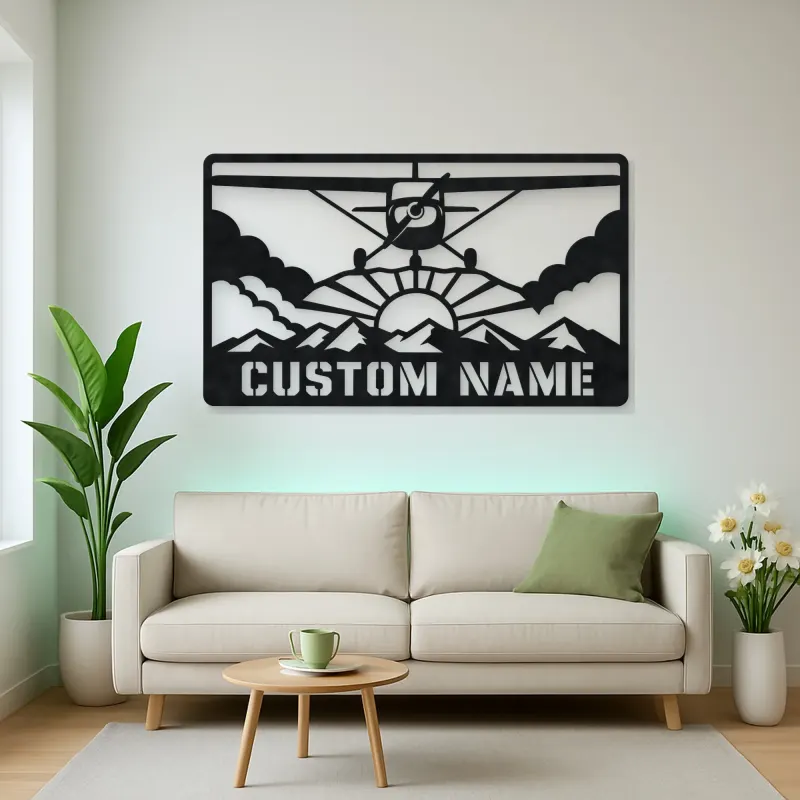 Personalized Propeller Airplane Metal Wall Art with Mountains
