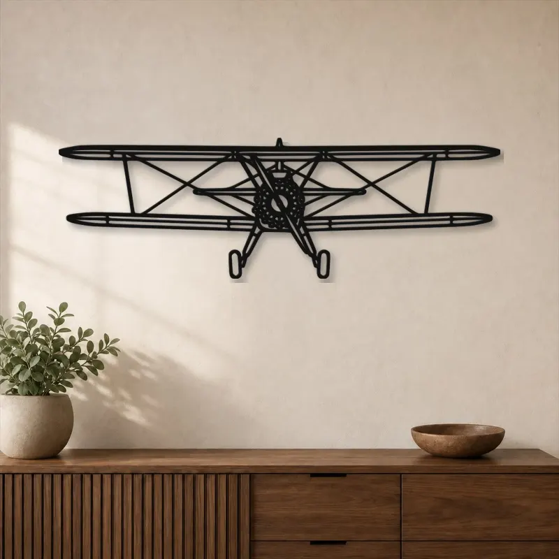 Silhouette d'avion Stearman Front en métal, Décoration murale en métal, Décor aéronautique, Décor d'aviation