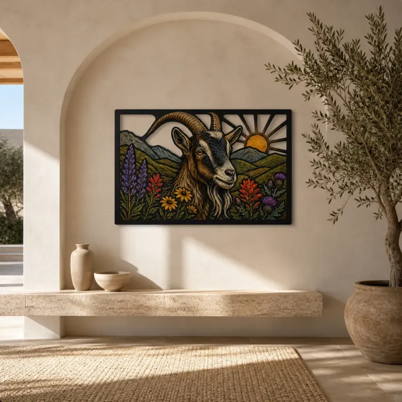 Goat with Mountain Wildflowers at Sunrise Colorful Metal Wall Art