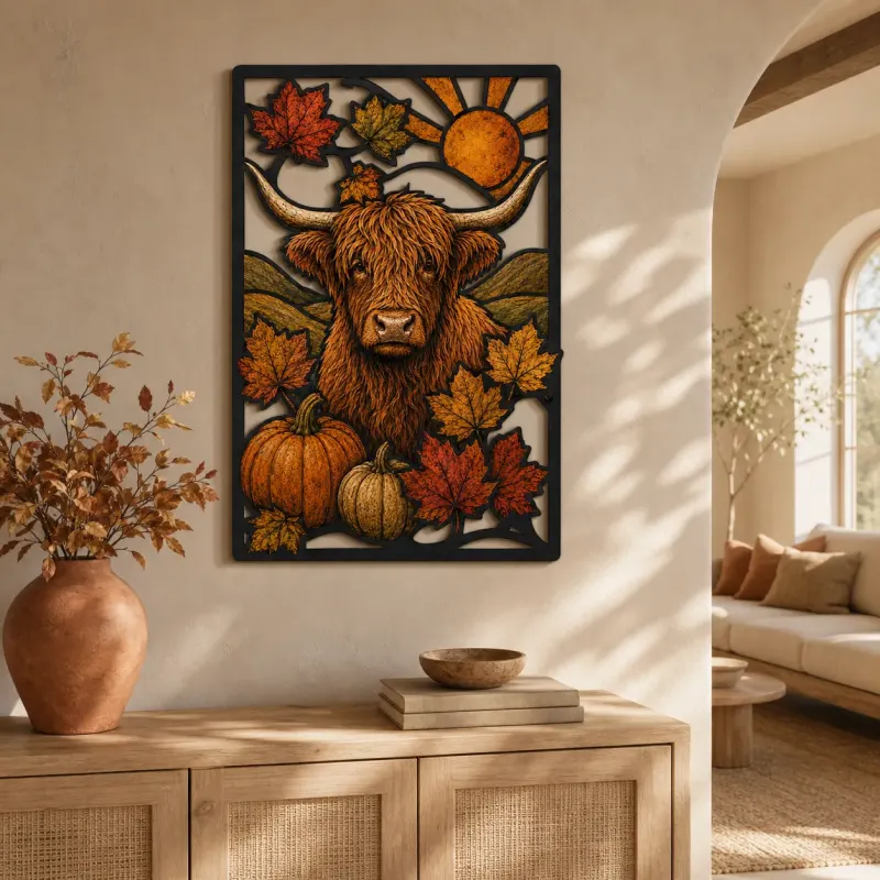 Highland Cow with Pumpkins and Autumn Leaves Colorful Metal Wall Art