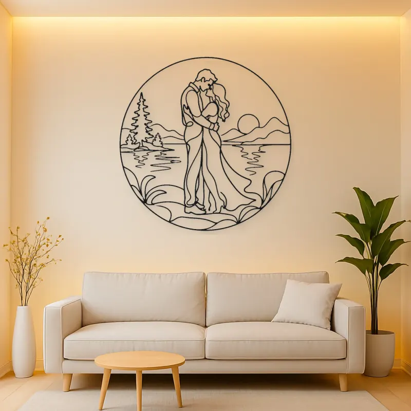 Lakeside Embrace Metal Wall Art | Romantic Couple Decor
