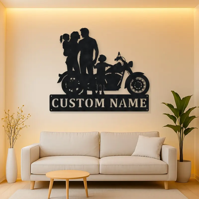 Personalized Classic Motorcycle Family with Toddler Metal Wall Art