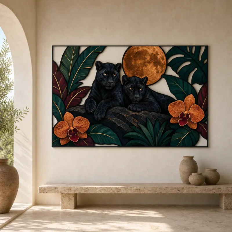 Black Panther Pair with Orchids and Full Moon Colorful Metal Wall Art