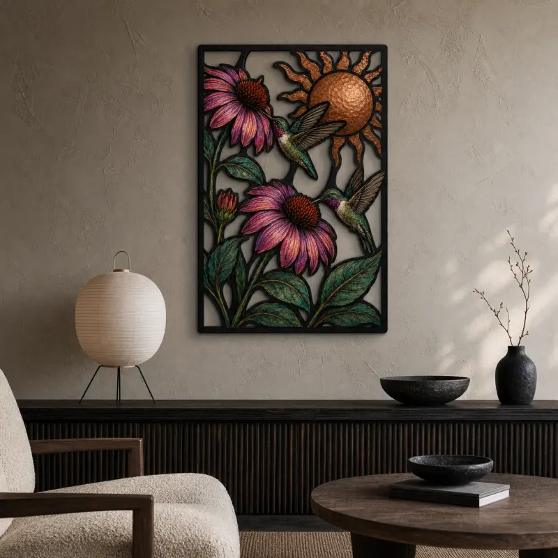 Hummingbirds with Purple Coneflowers and Copper Sun Colorful Metal Wall Art