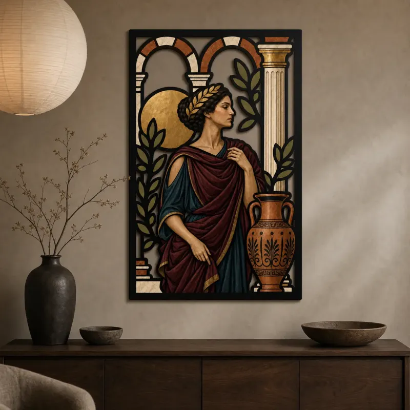 Classical Greek Woman with Pottery beneath Arches Colorful Metal Wall Art