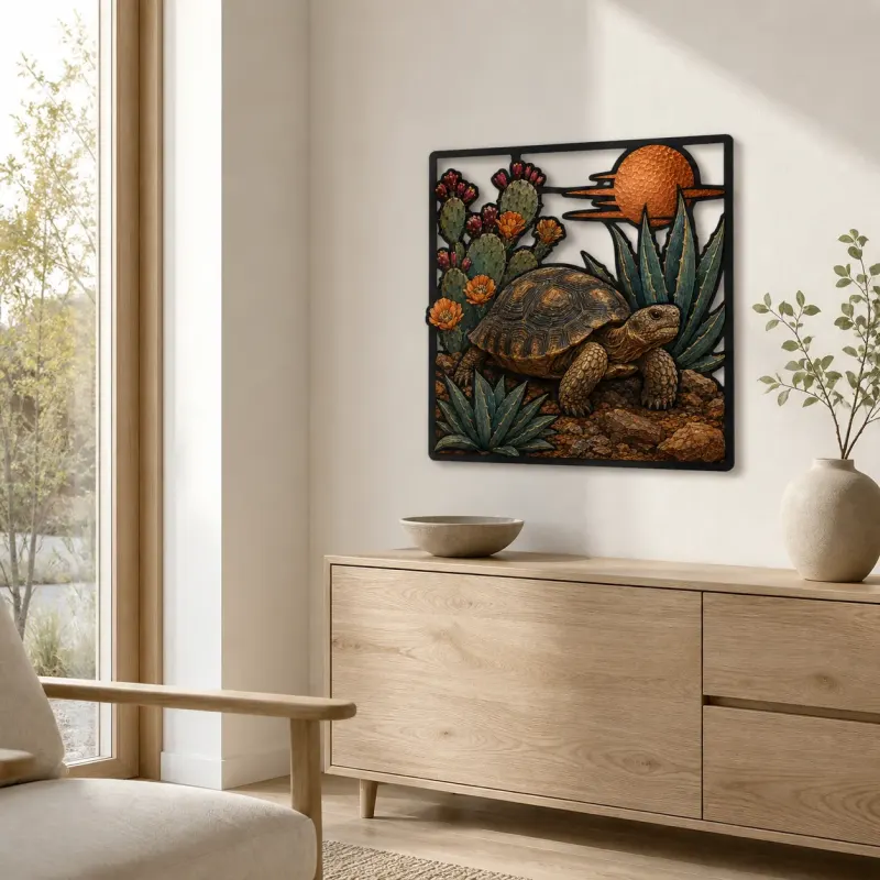 Desert Tortoise among Agave and Cactus Flowers Colorful Metal Wall Art