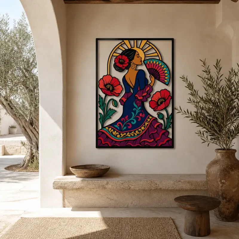 Flamenco Dancer with Colorful Fan and Red Poppies Metal Wall Art