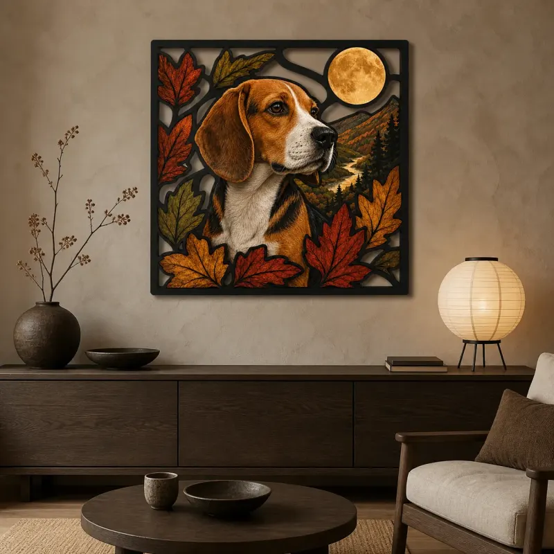 Beagle with Autumn Leaves and Full Moon Colorful Metal Wall Art