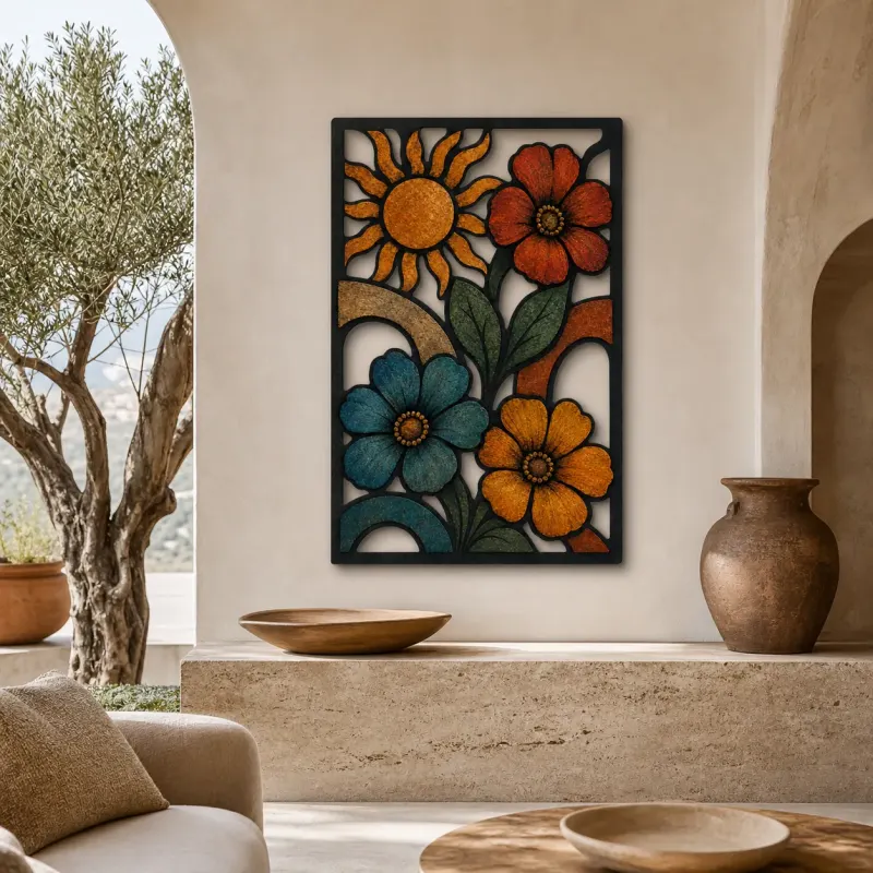 Mid Century Retro Flowers with Radiant Sun Colorful Metal Wall Art