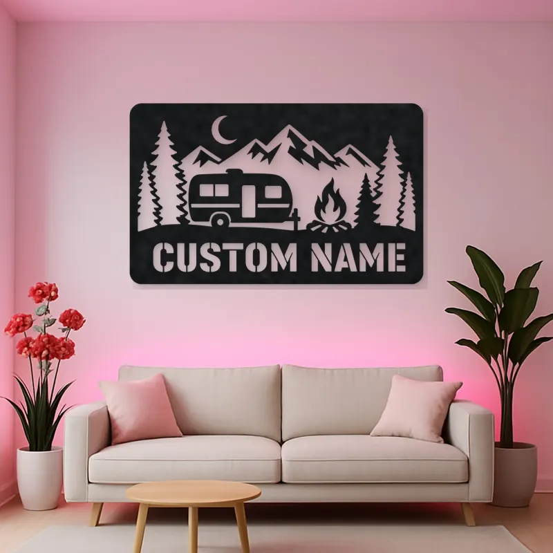 Personalized Travel Trailer Metal Wall Art with Campfire