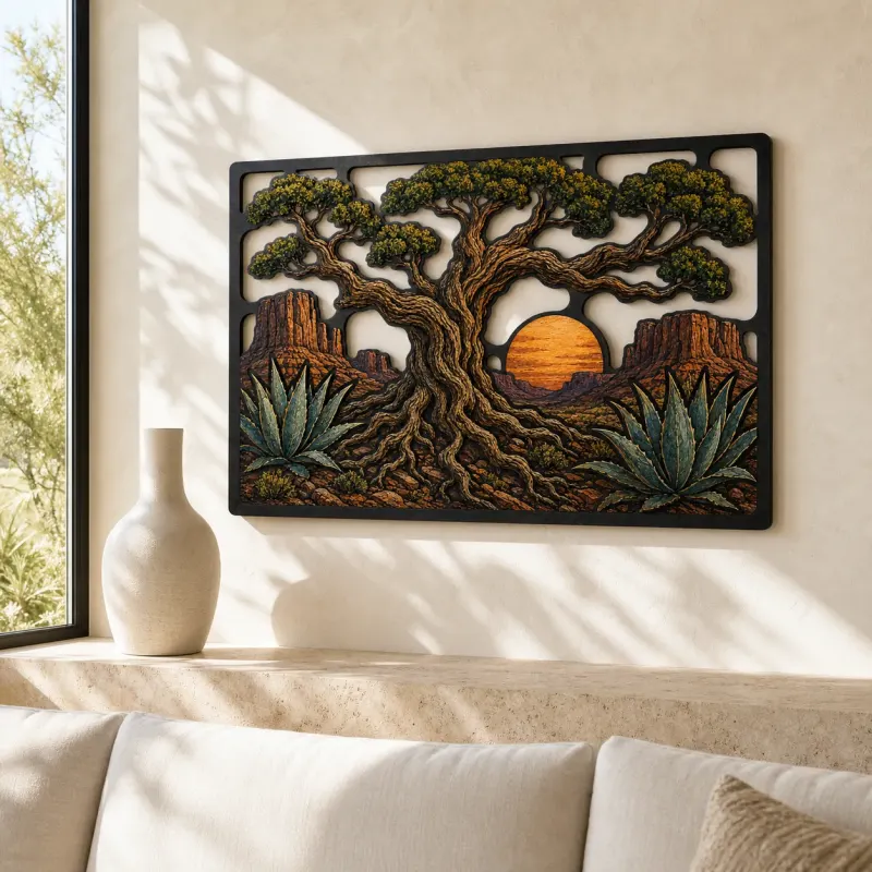 Desert Oak Tree of Life with Agave Sunset Colorful Metal Wall Art