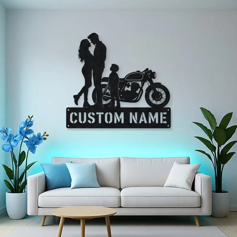 Personalized Cafe Racer Family of Three Metal Wall Art