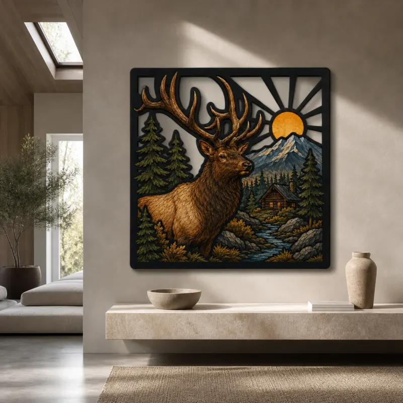 Bull Elk beside Rustic Lake Cabin at Sunrise Colorful Metal Wall Art