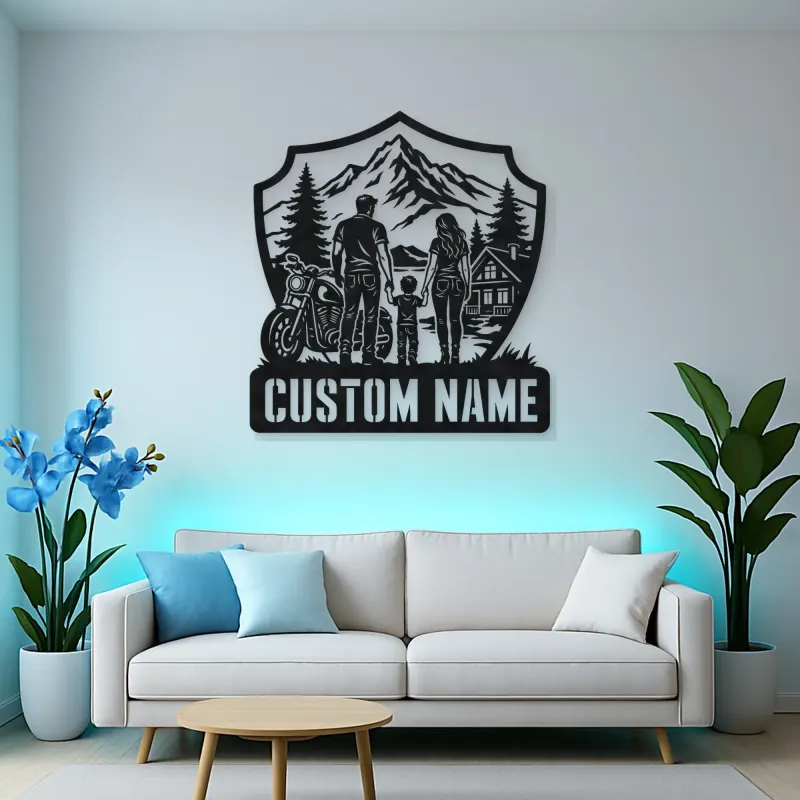 Personalized Family of Three Motorcycle Mountain Cabin Metal Wall Art