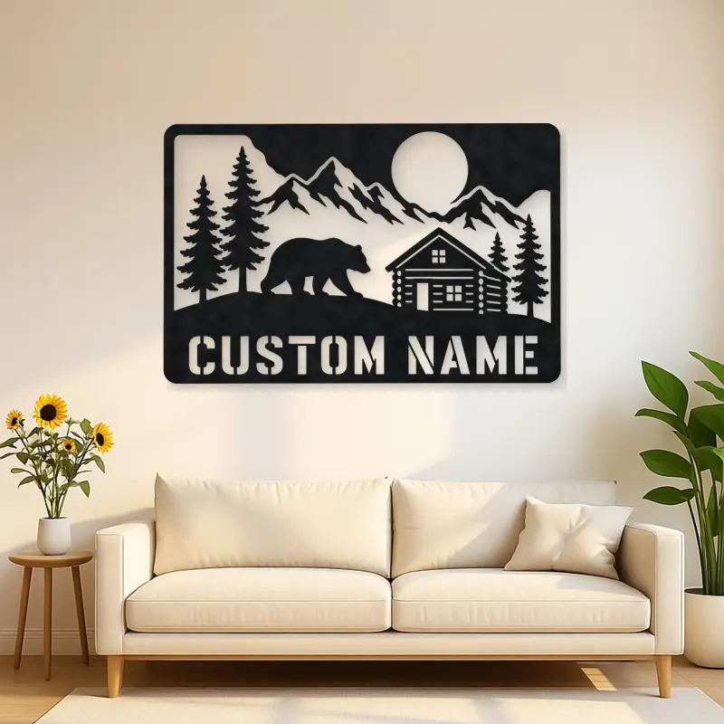 Personalized Bear and Log Cabin Metal Wall Art