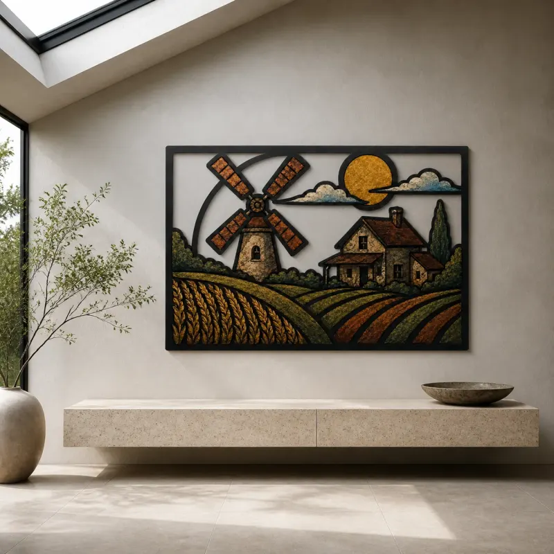 Country Windmill Farm beneath Golden Sun Colorful Metal Wall Art
