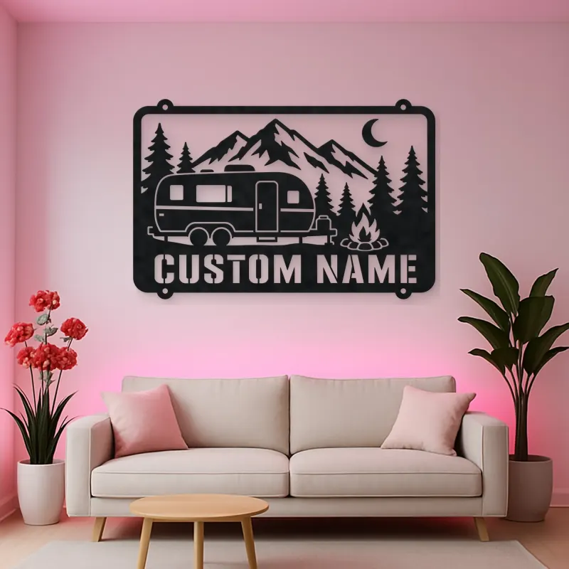 Personalized Camper Trailer Metal Wall Art with Mountain Camp