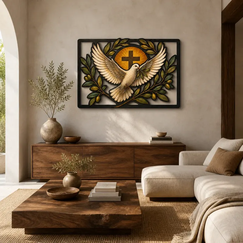 Weiße Taube mit Kreuz und Olivenzweigen Farbige Metall-Wandkunst