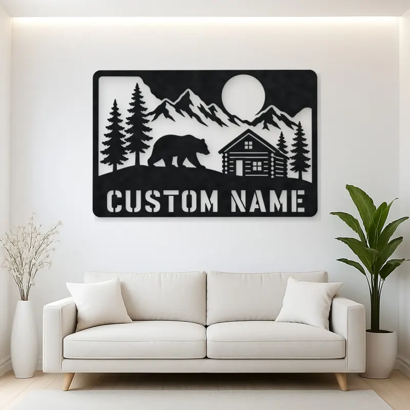 Personalized Bear and Log Cabin Metal Wall Art