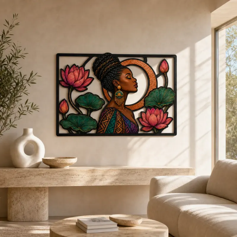 Afro Woman with Lotus Flowers and Copper Circle Colorful Metal Wall Art