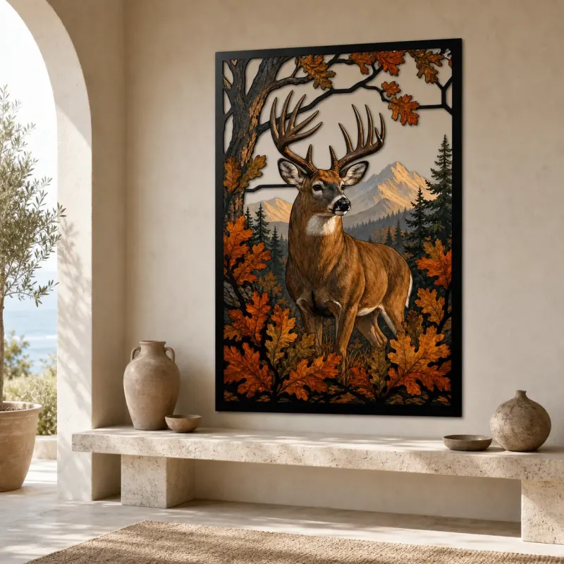 Whitetail Deer in Autumn Mountain Forest Colorful Metal Wall Art