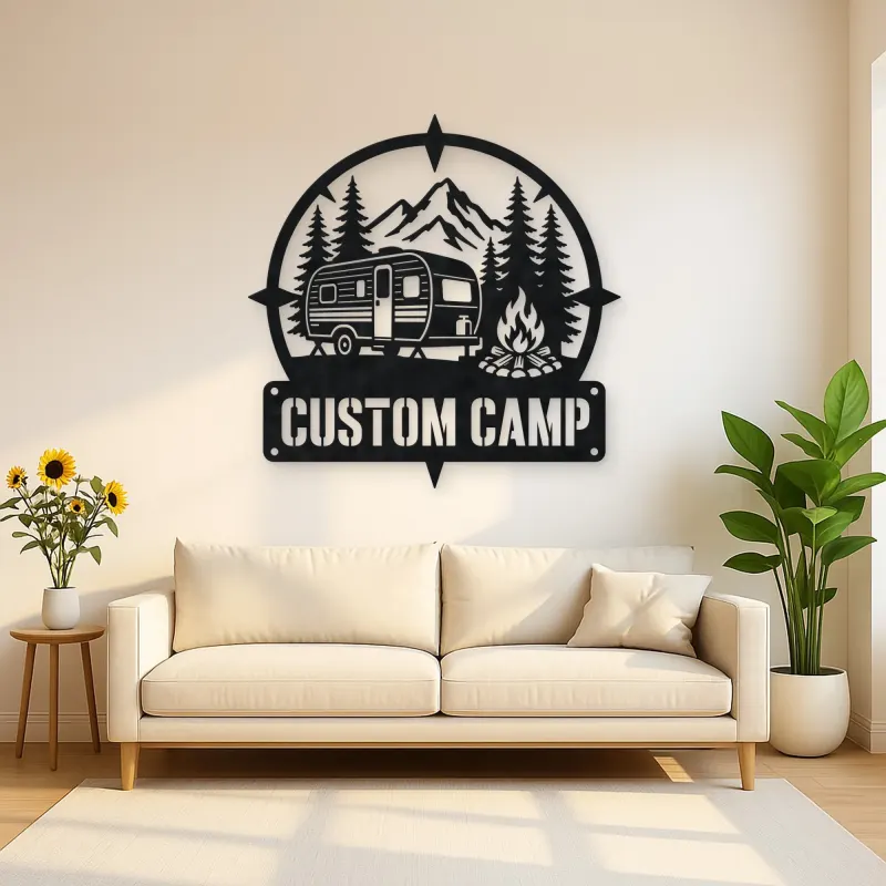Personalized Travel Trailer Metal Wall Art with Campfire Scene