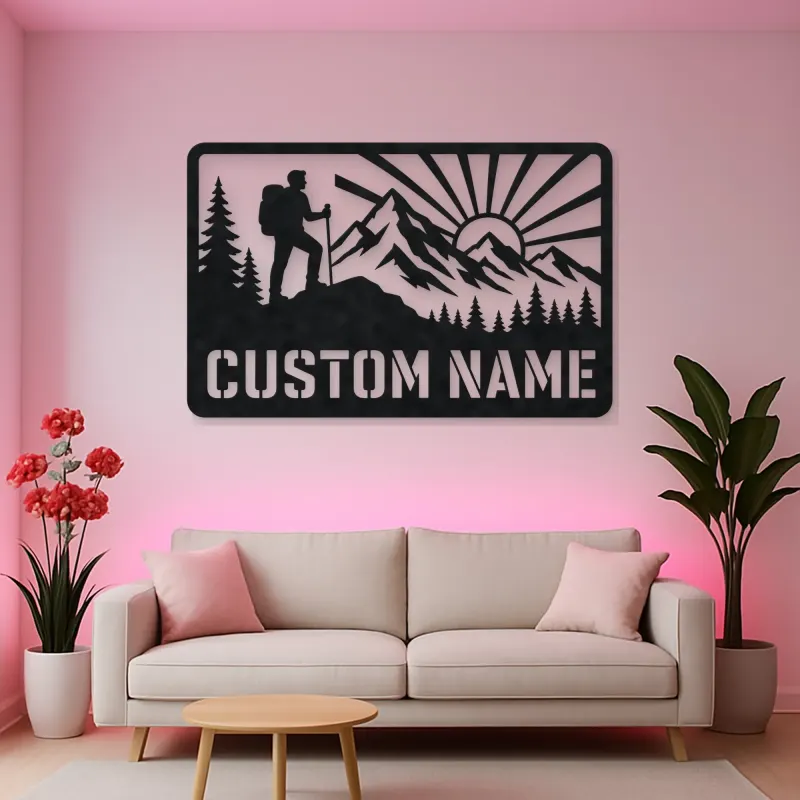 Personalized Mountain Hiker Metal Wall Art with Sunrise
