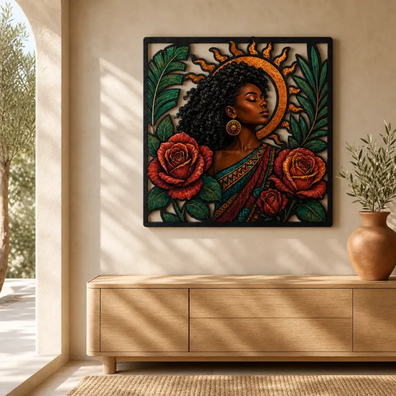 Afro Woman with Roses and Radiant Sun Colorful Metal Wall Art