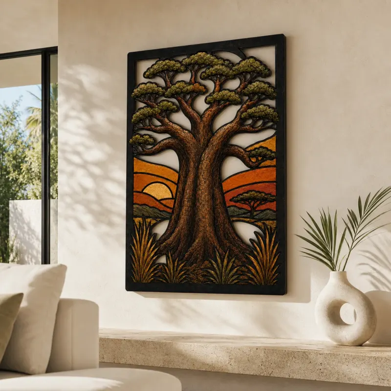 African Baobab Tree of Life at Sunrise Colorful Metal Wall Art