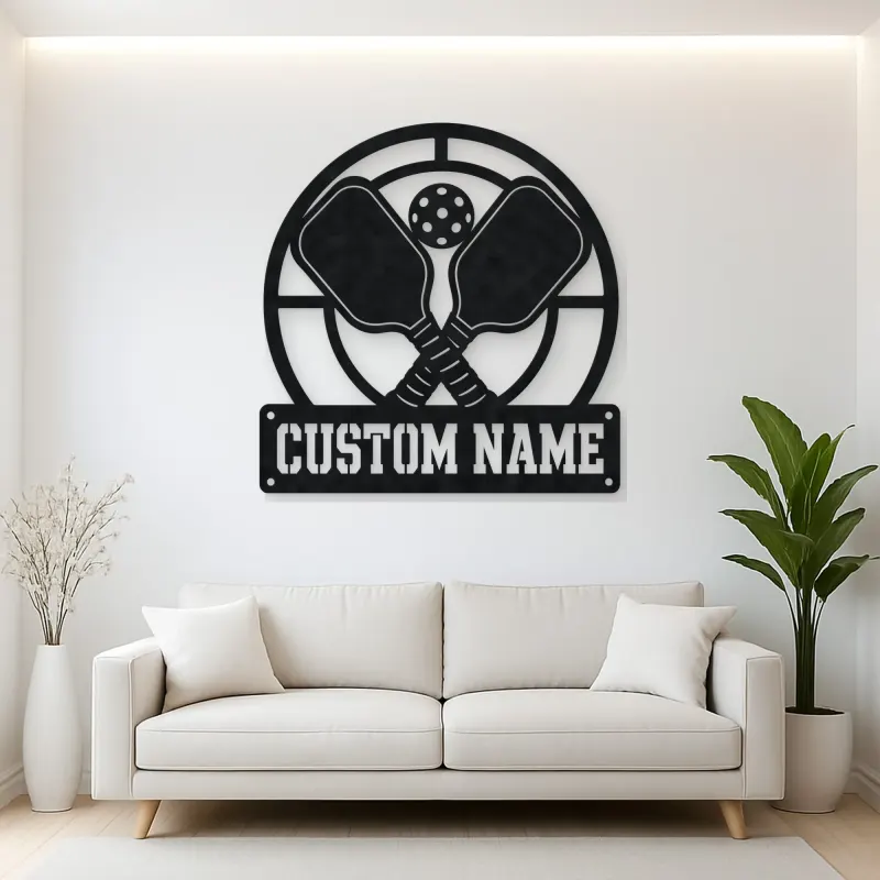 Personalized Pickleball Paddle Metal Wall Art with Court Lines