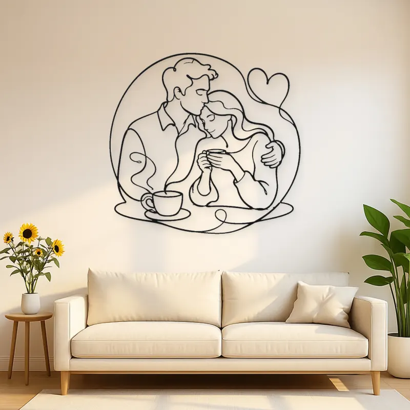 Cartel de metal de pareja en la mañana con café | Decoración de pareja romántica