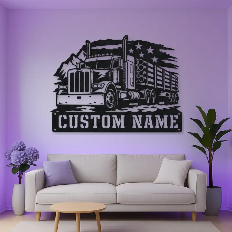 Personalized Logging Semi Truck Patriotic Mountain Metal Wall Art