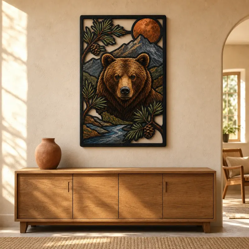 Brown Bear by Mountain Stream and Copper Moon Colorful Metal Wall Art